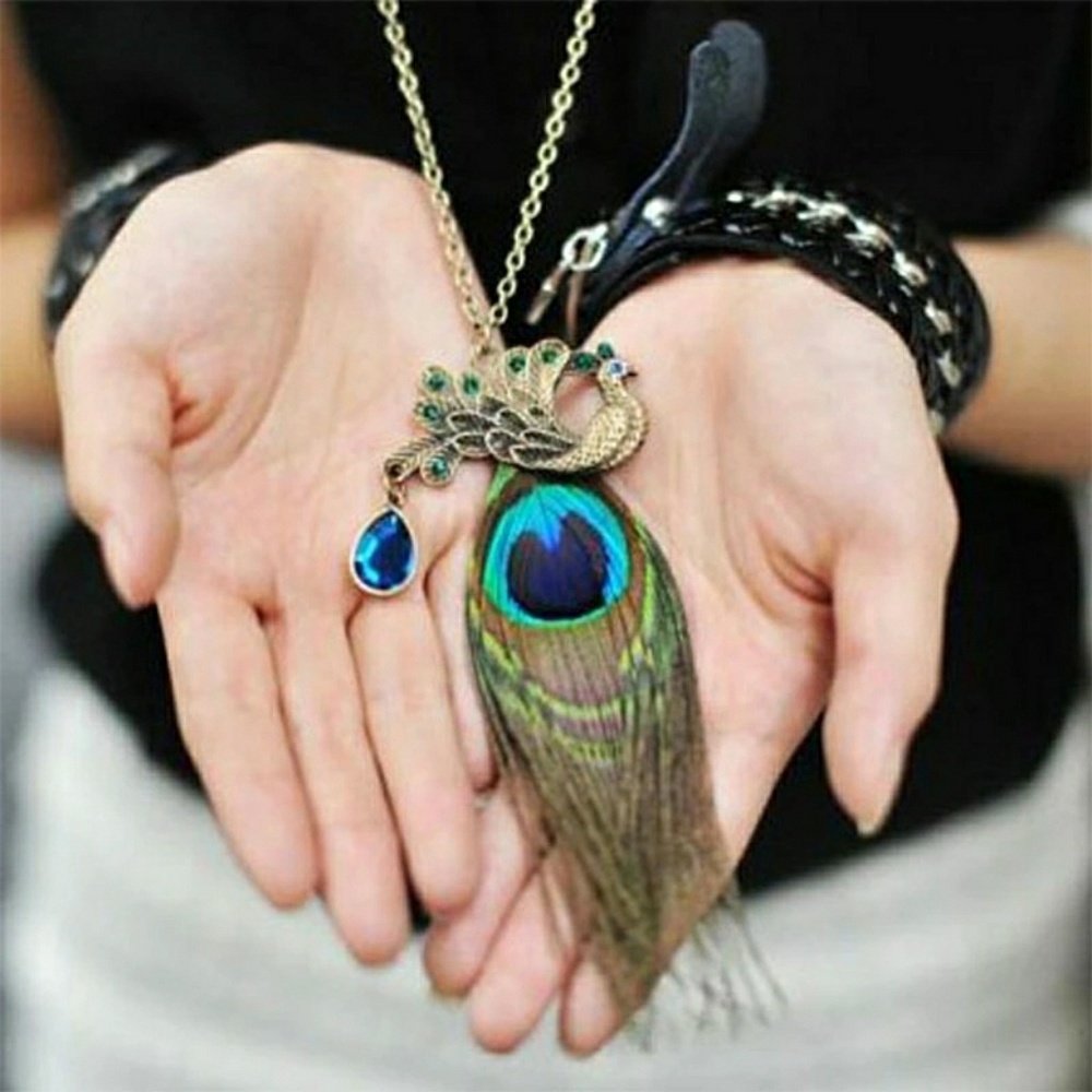 Jeweled Vintage Look Peacock Feather Necklace